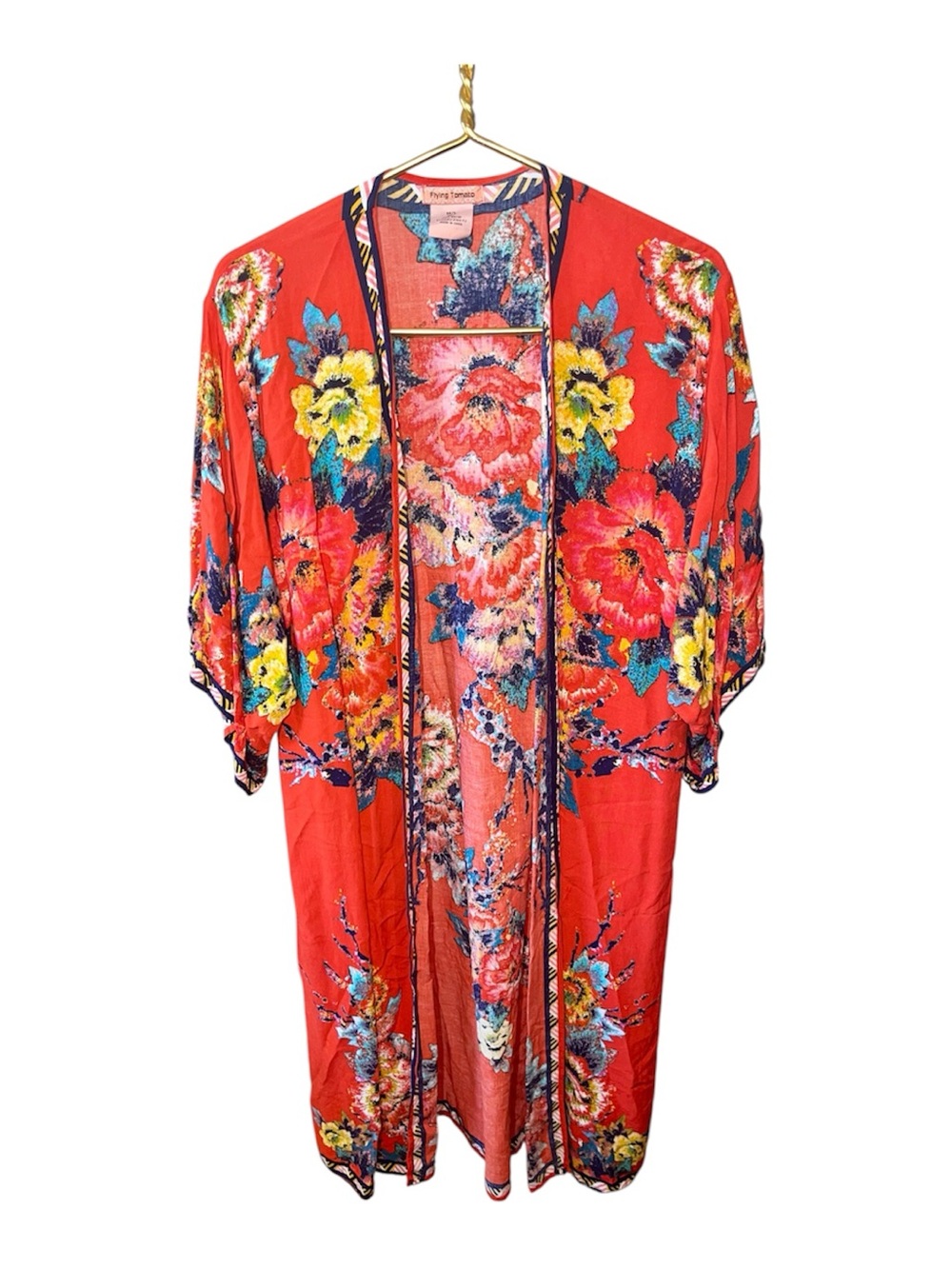 Flying Tomato Red/Orange Floral Kimono – Bohemian Rayon Cover Up – Size M/L